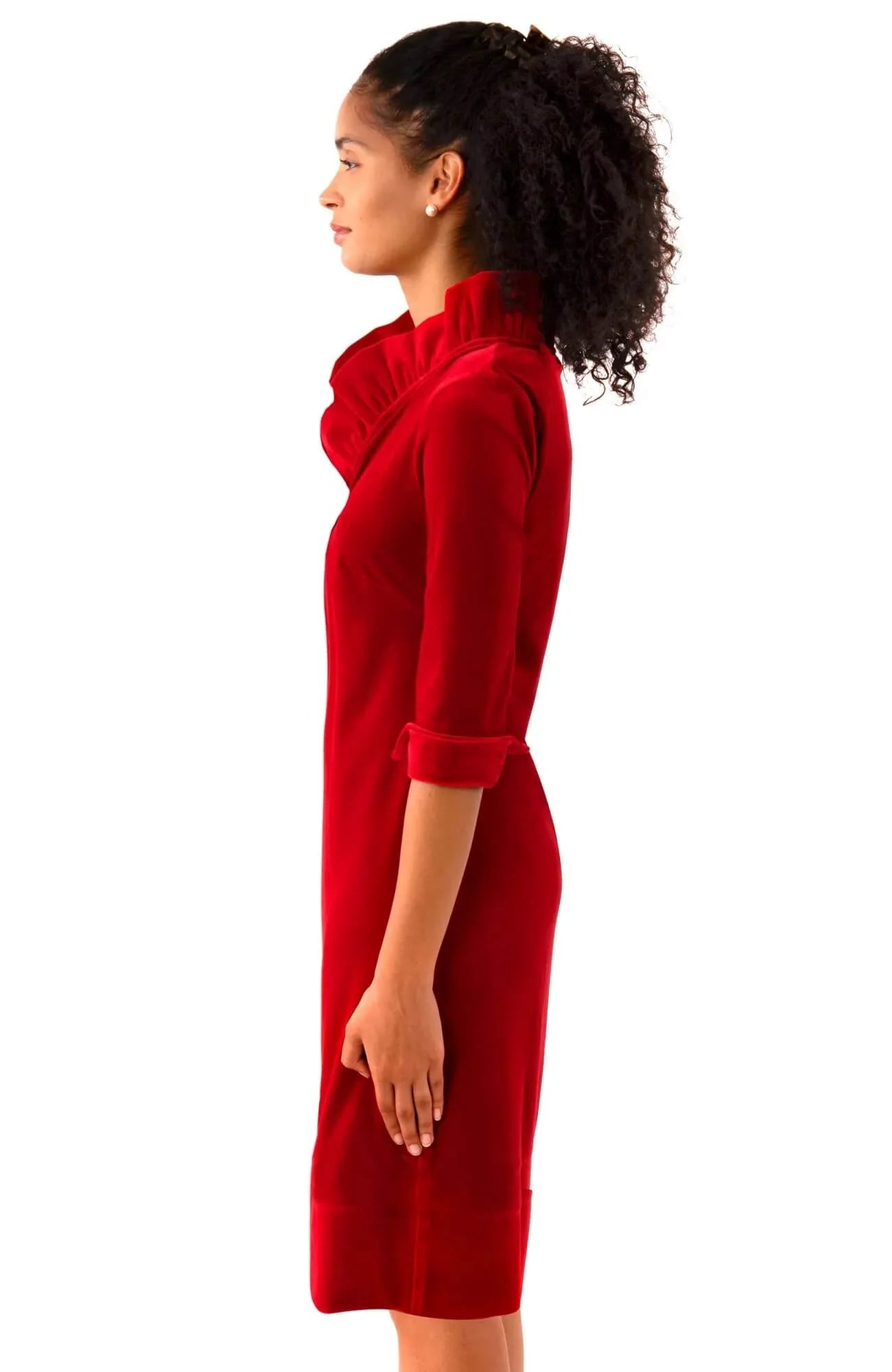 Ruffneck Dress in Red Silky Velvet