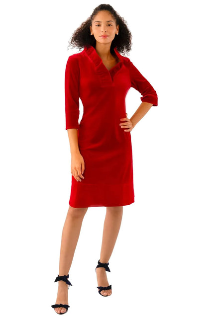 Ruffneck Dress in Red Silky Velvet