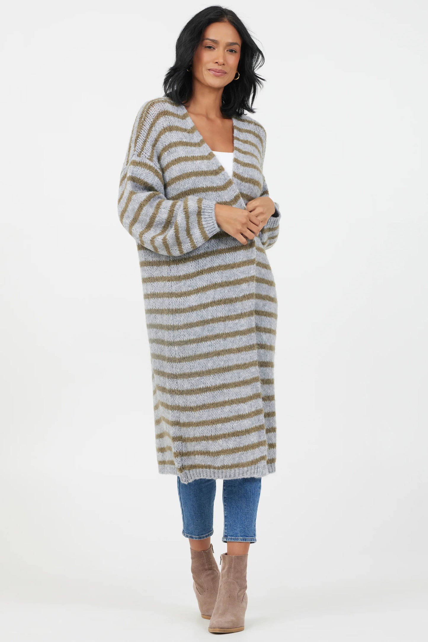 Flo Soft Knit Striped Long Cardigan in Grey/ Moss Green Stripe