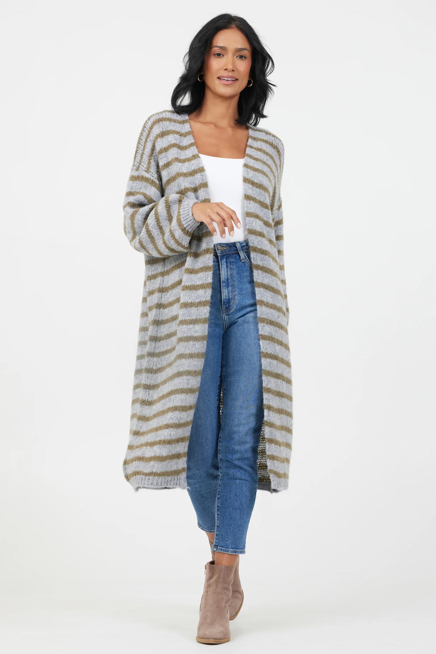 Flo Soft Knit Striped Long Cardigan in Grey/ Moss Green Stripe