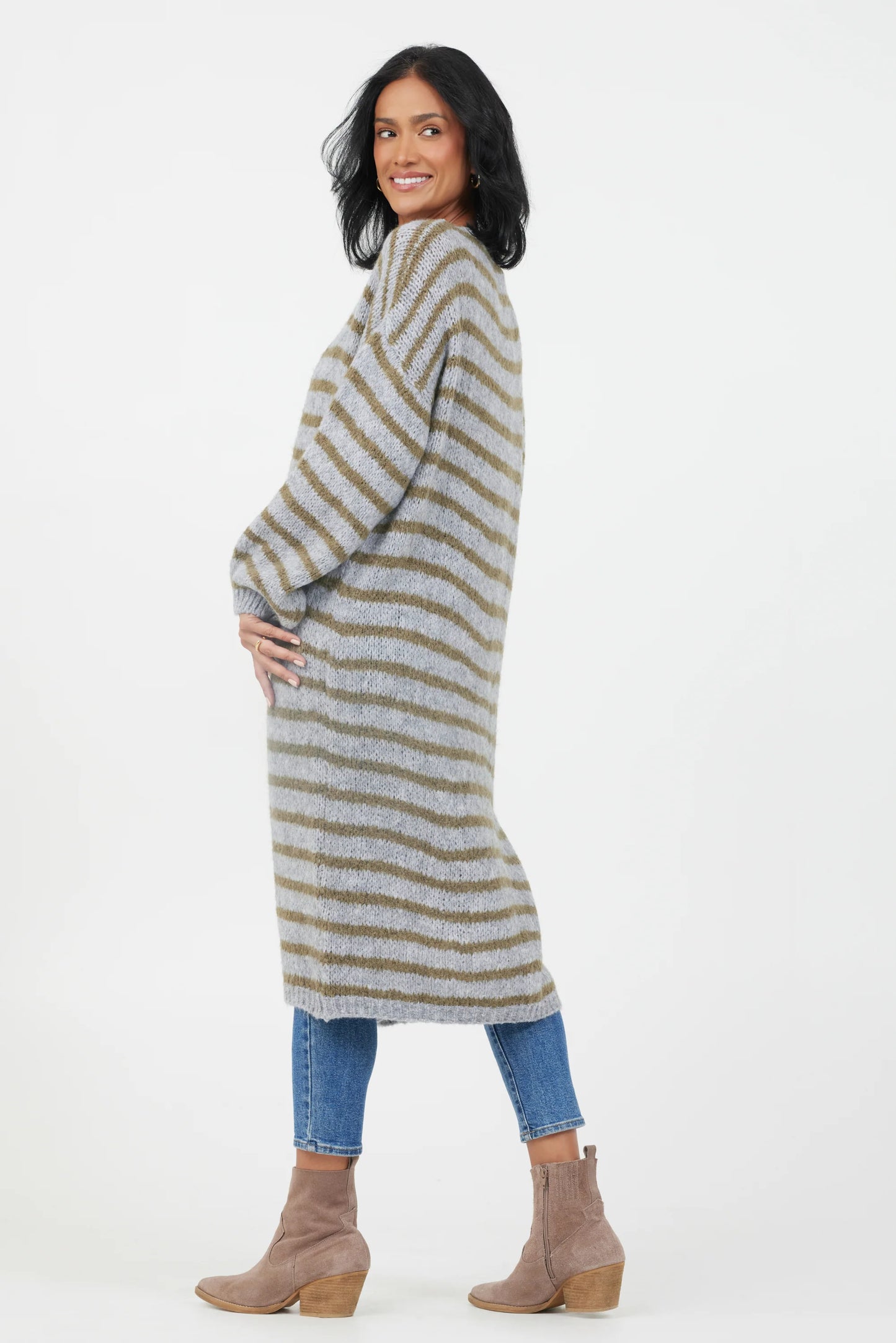 Flo Soft Knit Striped Long Cardigan in Grey/ Moss Green Stripe