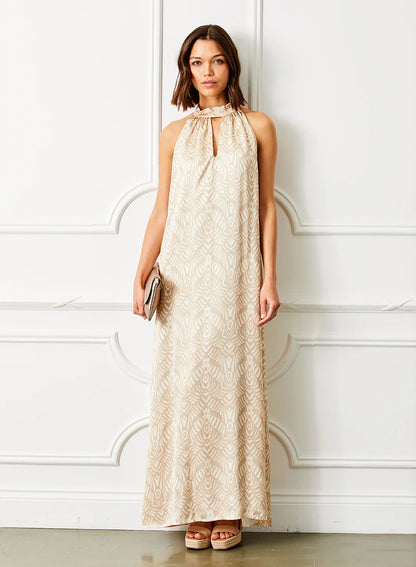 Genever Halter Neck Satin Print Maxi Dress