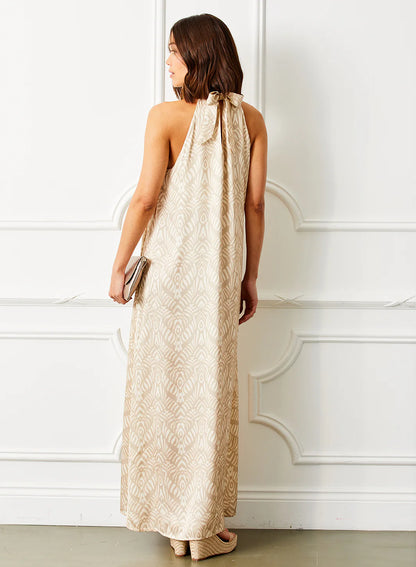 Genever Halter Neck Satin Print Maxi Dress