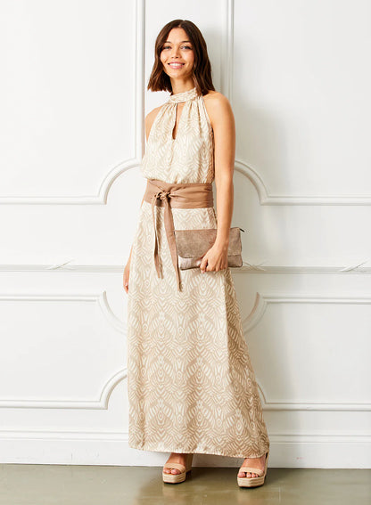 Genever Halter Neck Satin Print Maxi Dress