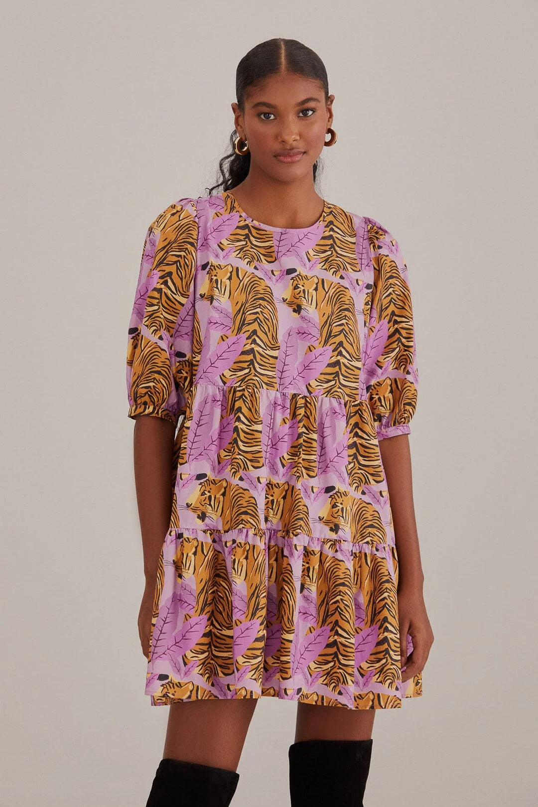 FARMRio Lavender Tiger Leaves Puff Slv Dress