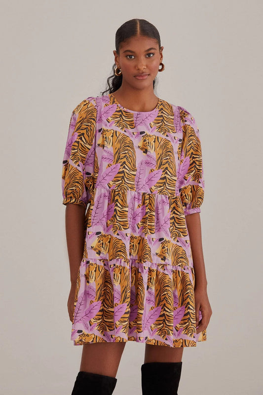Lavender Tiger Leaves Puff Sleeve Dress