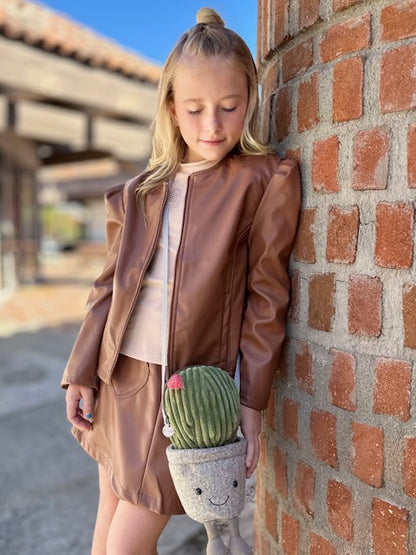 Three Piece Vegan Leather Jacket & Skirt Set for Girls