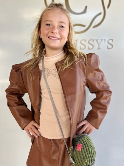 Three Piece Vegan Leather Jacket & Skirt Set for Girls