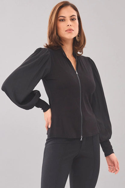 Balloon Sleeve Zip Front Rib Top