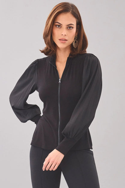 Balloon Sleeve Zip Front Rib Top