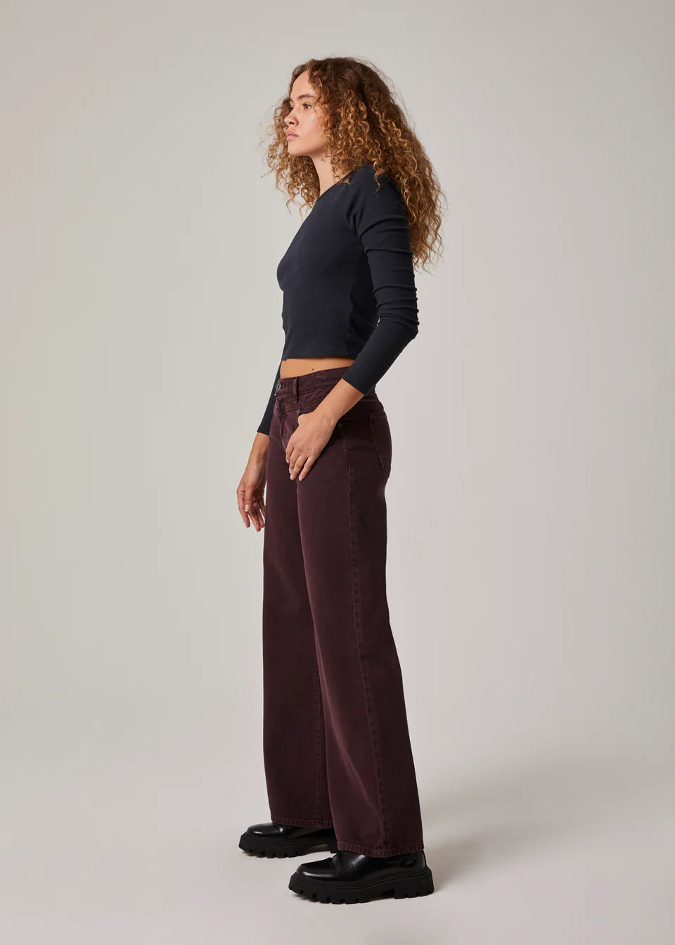 Conrad High Rise Long Wide Leg Jeans in Dark Cherry by Edyson