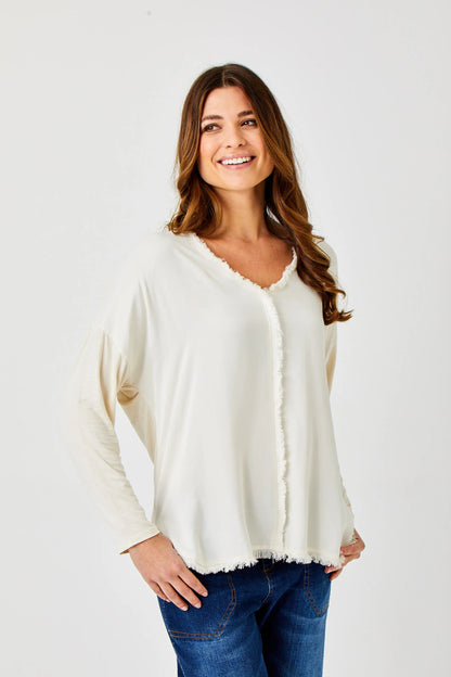 Soho V Neck Satin Top w/ Raw Edge Detail
