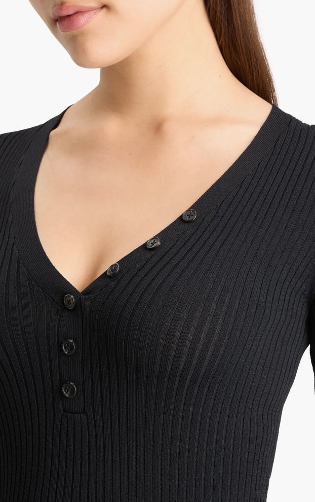 Black Ribbed Button Henley