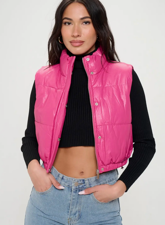 Cropped Puffer Vest- Pink