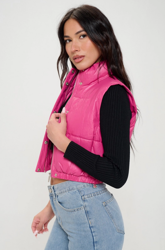 Cropped Puffer Vest- Pink