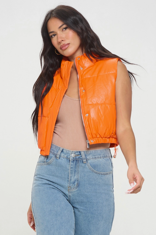 Cropped Puffer Vest - Orange