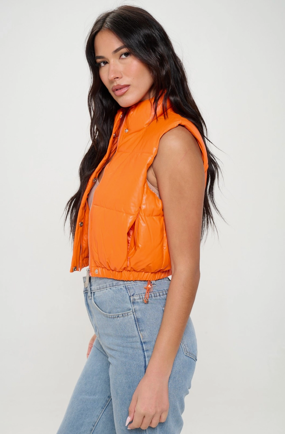 Cropped Puffer Vest - Orange