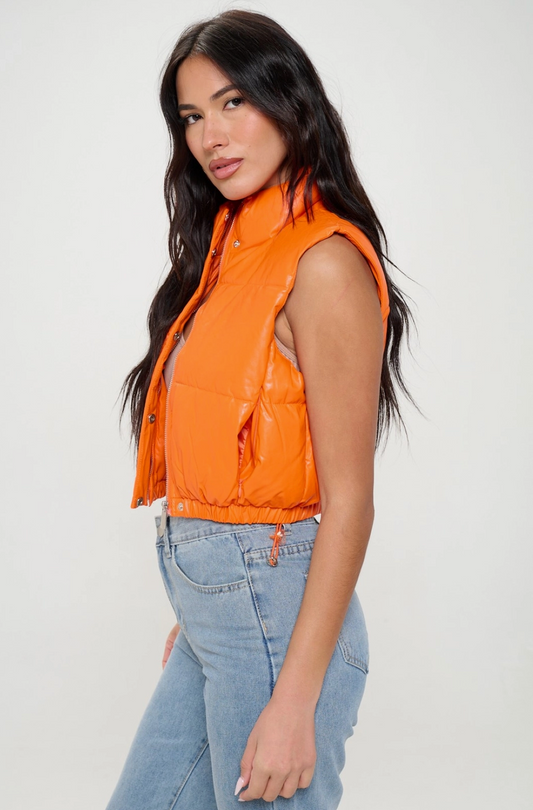 Cropped Puffer Vest - Orange