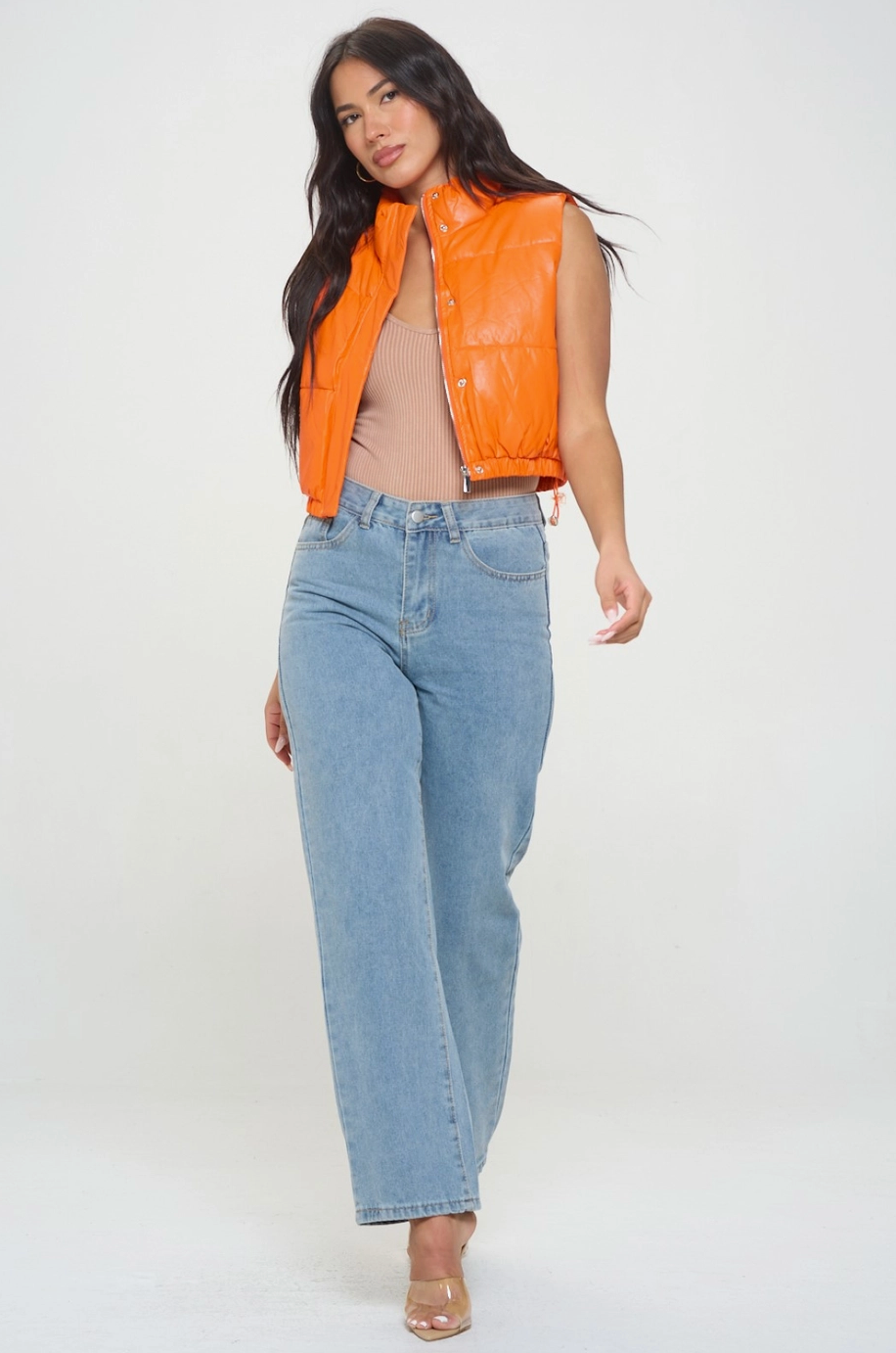 Cropped Puffer Vest - Orange