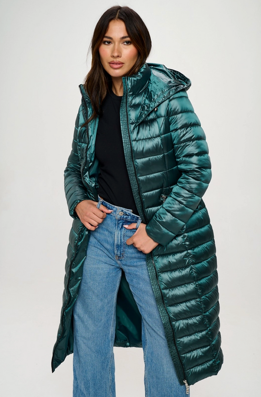 Long Dark Green Puffer Jacket with Removable Hood