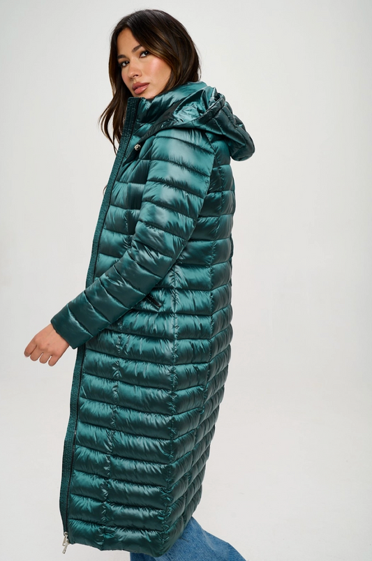 Long Dark Green Puffer Jacket with Removable Hood