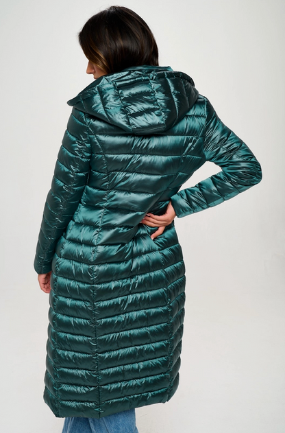 Long Dark Green Puffer Jacket with Removable Hood