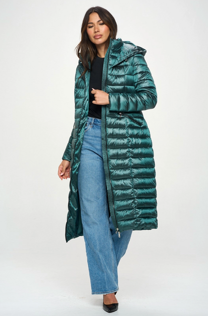 Long Dark Green Puffer Jacket with Removable Hood