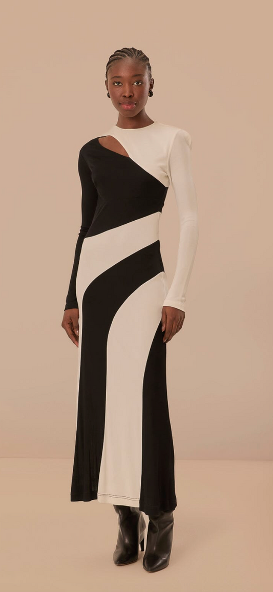 Black And White Cut-Out Long Sleeve Midi Dress