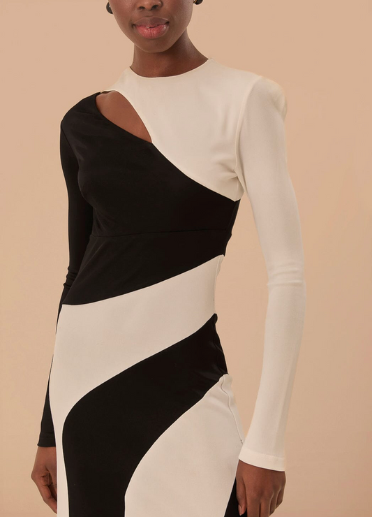 Black And White Cut-Out Long Sleeve Midi Dress