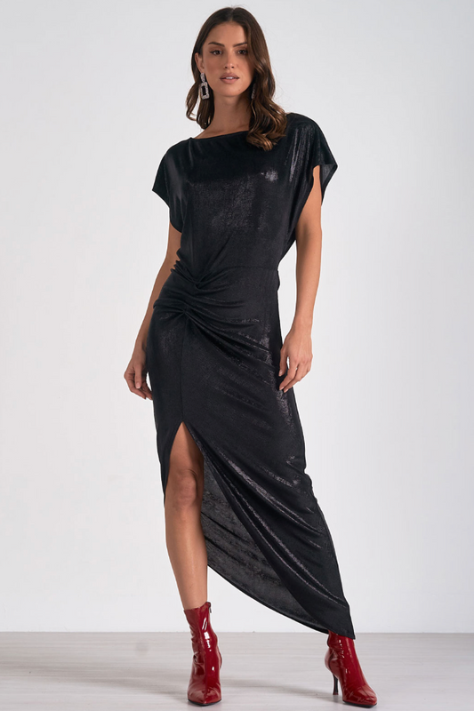 Midi Cap Sleeve Dress in Black Sparkle