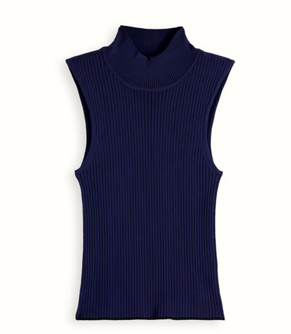 Ribbed Knit Turtleneck Tank in Washed Military or Navy