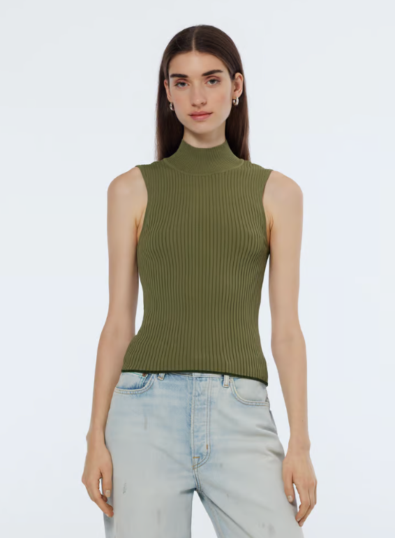 Ribbed Knit Turtleneck Tank in Washed Military or Navy