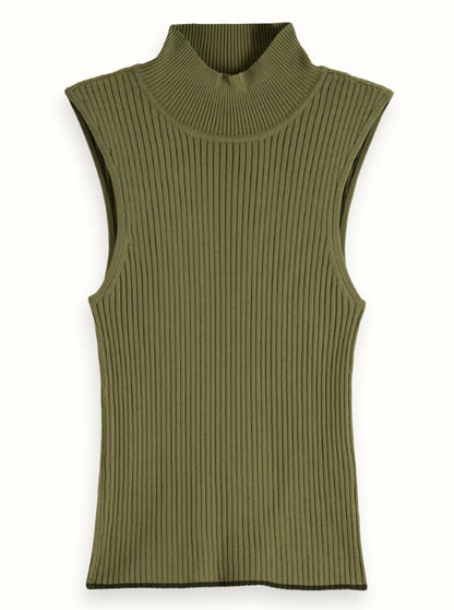 Ribbed Knit Turtleneck Tank in Washed Military or Navy