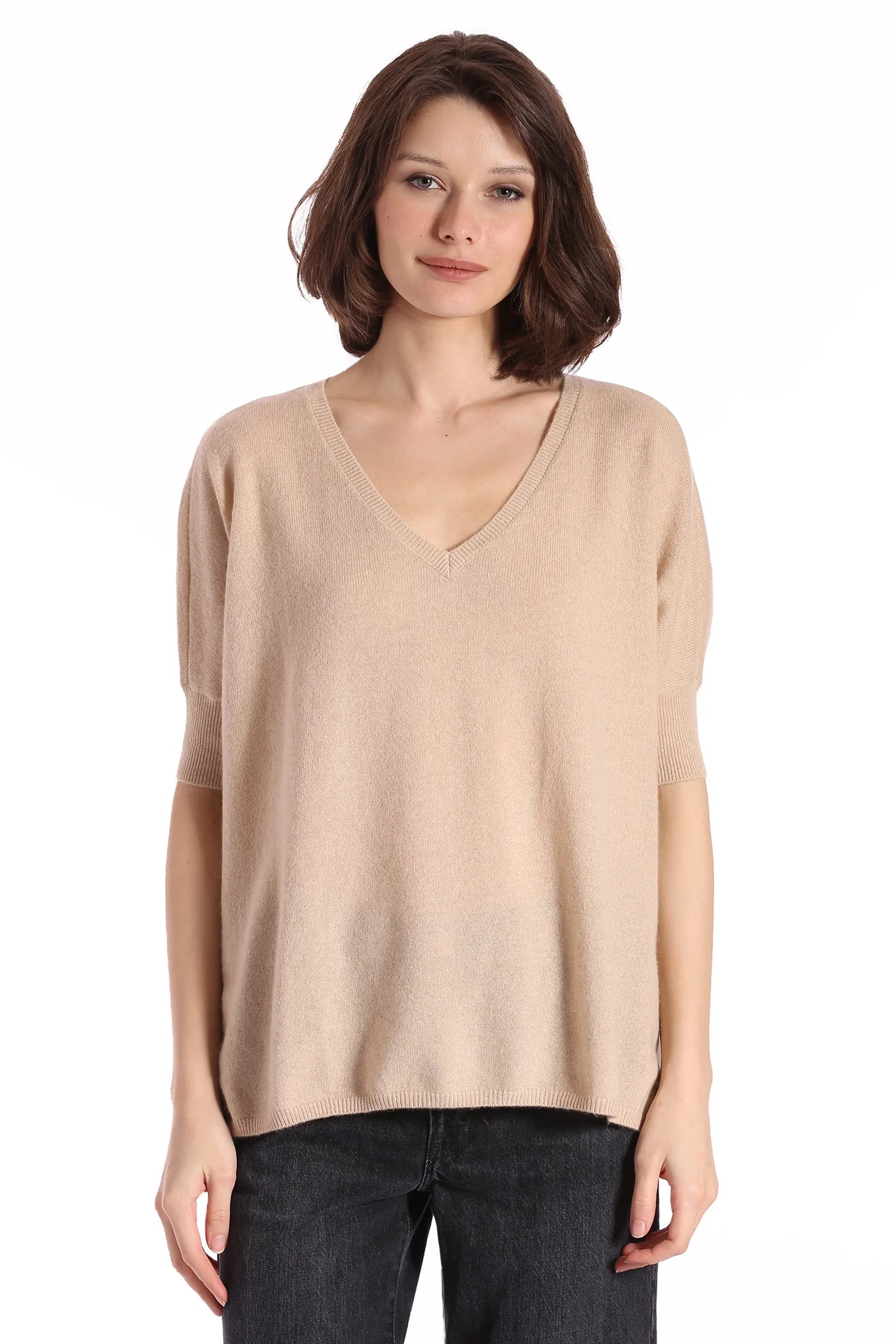 Supima Cotton Cashmere Pow Pow V Neck Sweater in Black or Brown Sugar