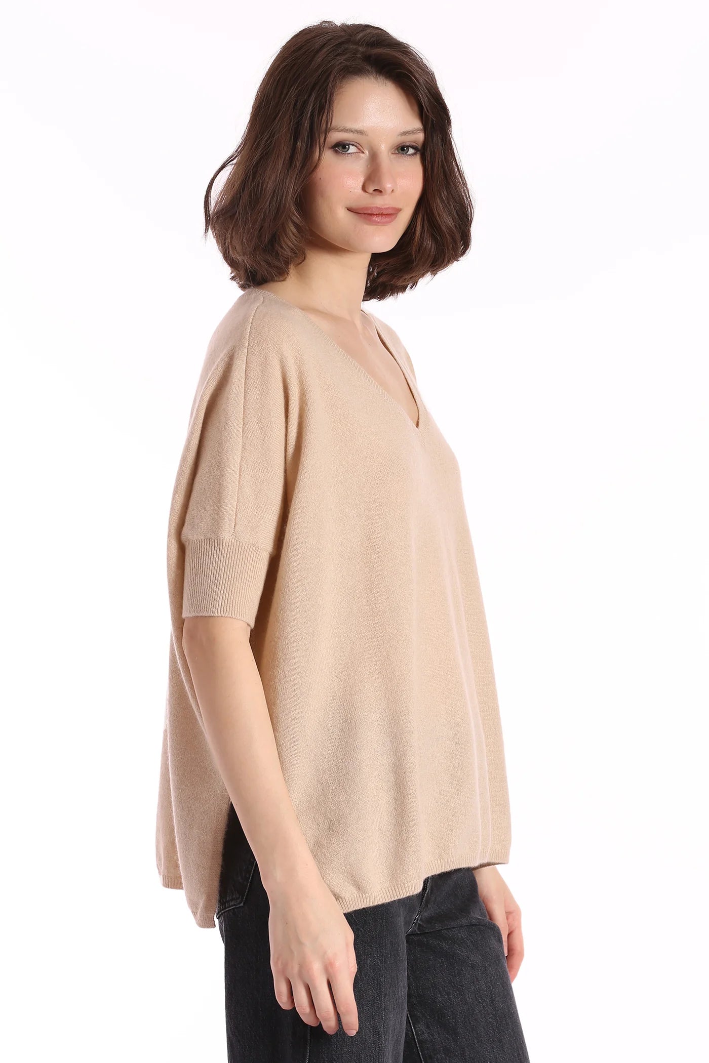 Supima Cotton Cashmere Pow Pow V Neck Sweater in Black or Brown Sugar