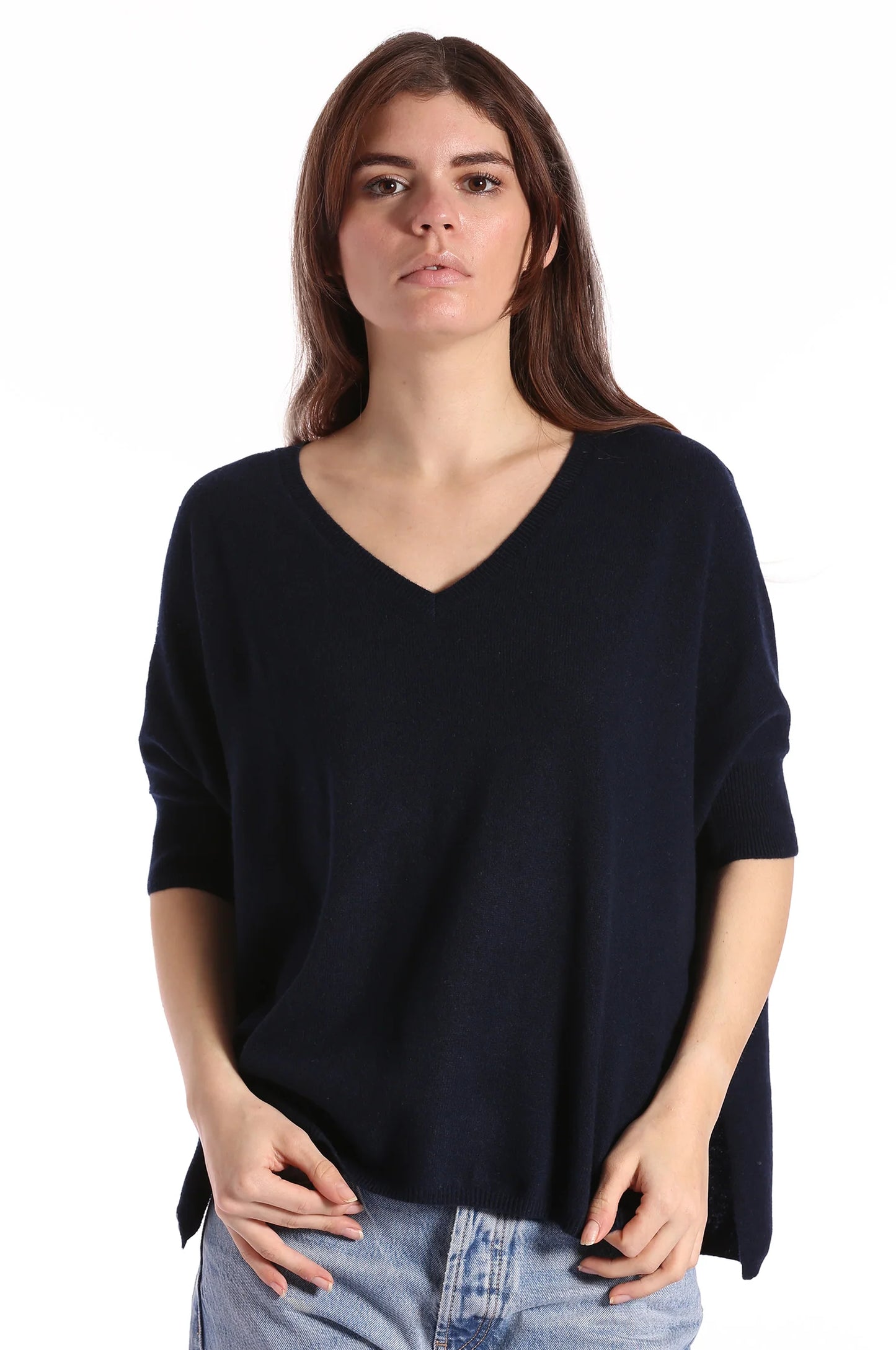 Supima Cotton Cashmere Pow Pow V Neck Sweater in Black or Brown Sugar