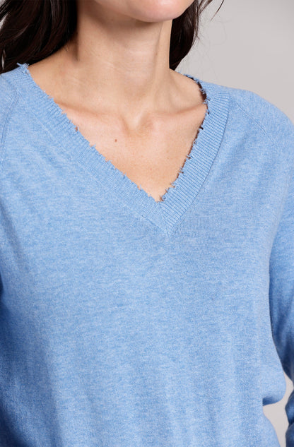 Cotton Cable Long Sleeve Crew with Frayed Edges