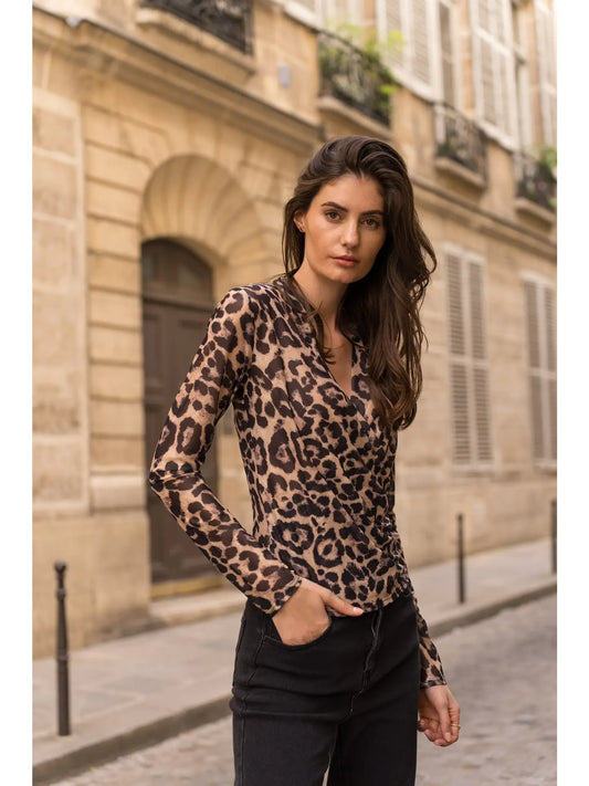 Leopard Mesh Wrap Top