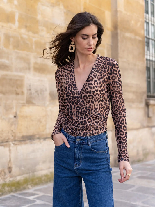 Leopard Mesh Wrap Top