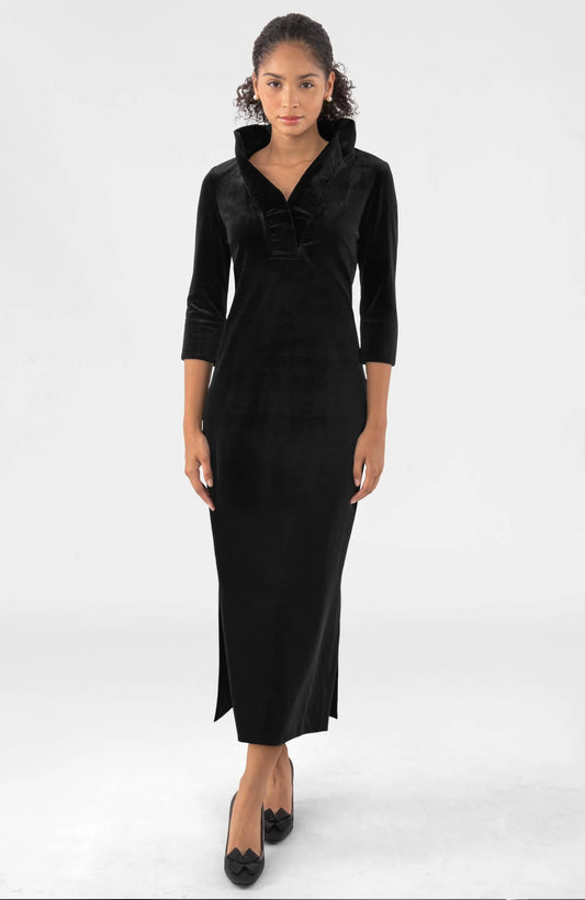 Ruffneck Midi/Maxi Dress in Silky Velvet in Black