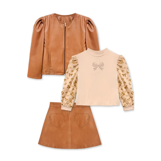 Three Piece Vegan Leather Jacket & Skirt Set for Girls