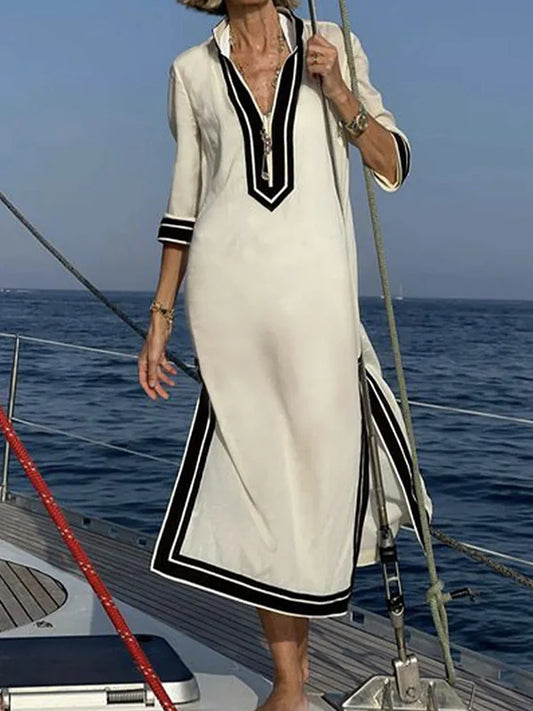 Loose Three -Quarter Split Side Split V-Neck Dress