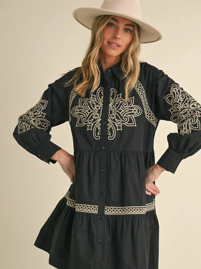 Embroidered Button Down Mini Ruffle Dress