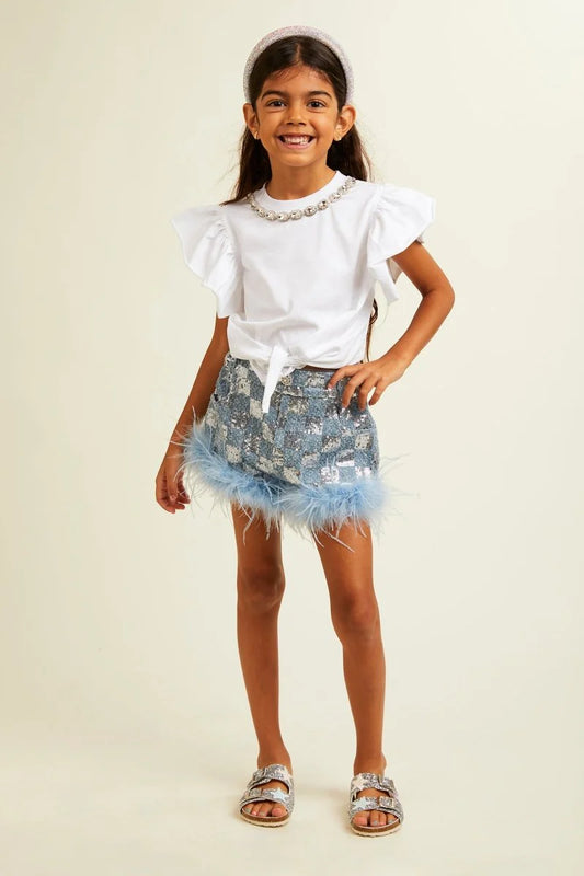 Loulou Sequin Checkered Feather Denim Shorts