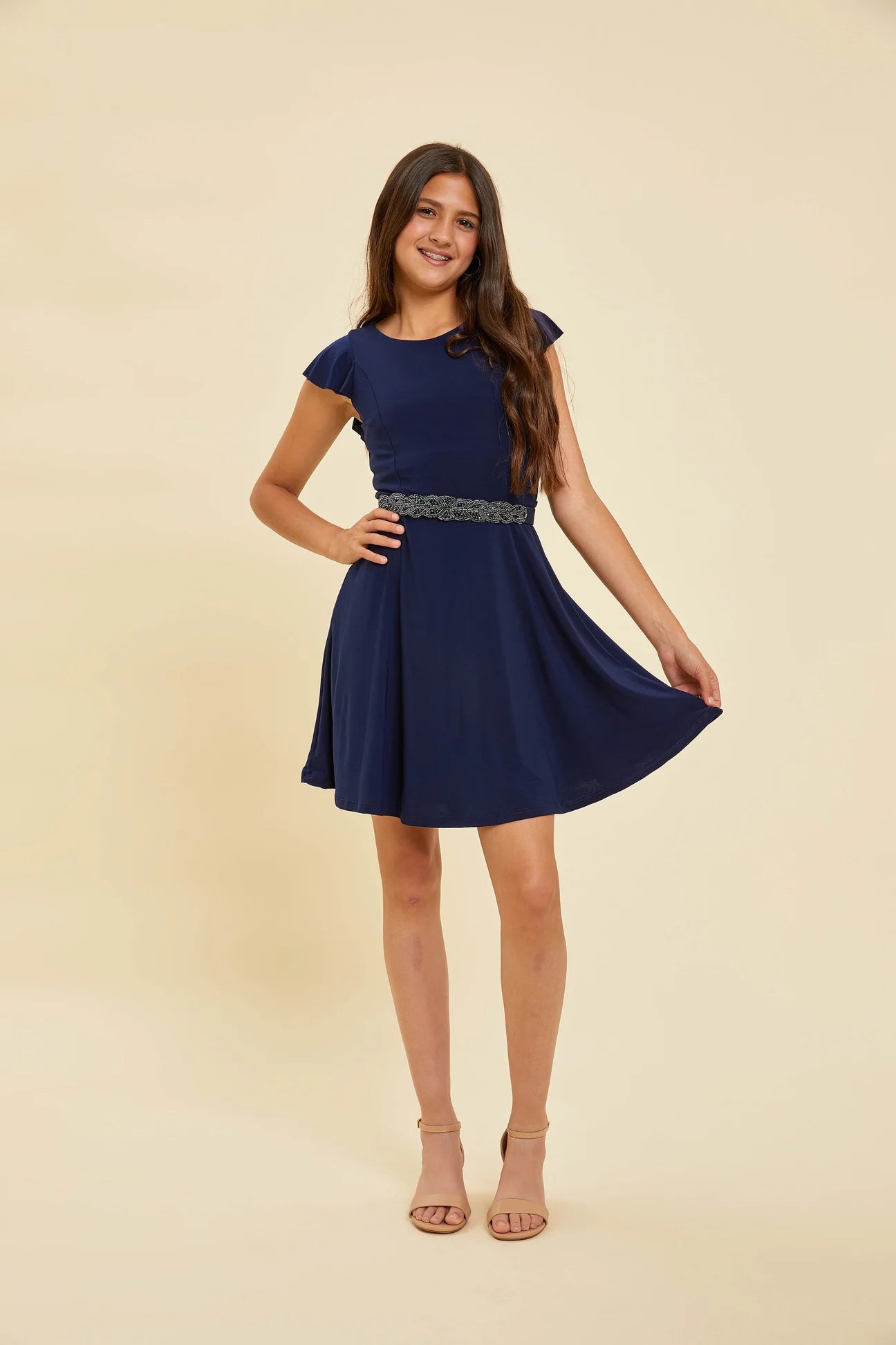 Cap Sleeve Ruffle Skater Dress in Navy