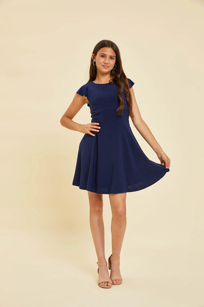 Cap Sleeve Ruffle Skater Dress in Navy