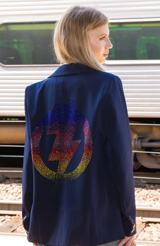 Navy Blazer with Circle Lightning Bolt & Green Lining