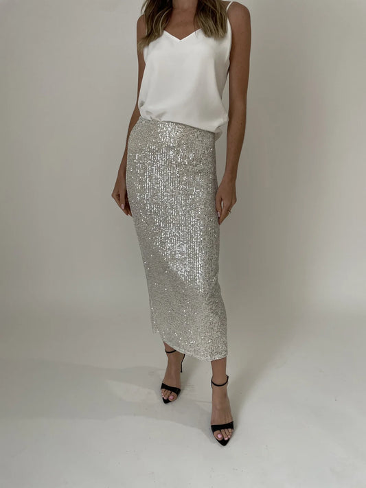 Joy Pencil Sequin Skirt in Silver