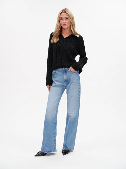 Chiara V-Neck Cable Knit Faux Leather Collar