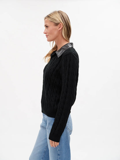 Chiara V-Neck Cable Knit Faux Leather Collar